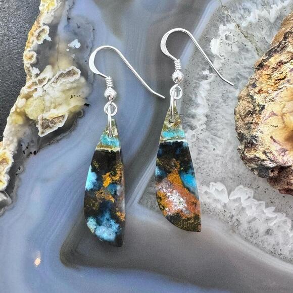 Sterling Elongated Triangle Chrysocolla Slab Dangle Earrings For Women #229 - Picture 7 of 10